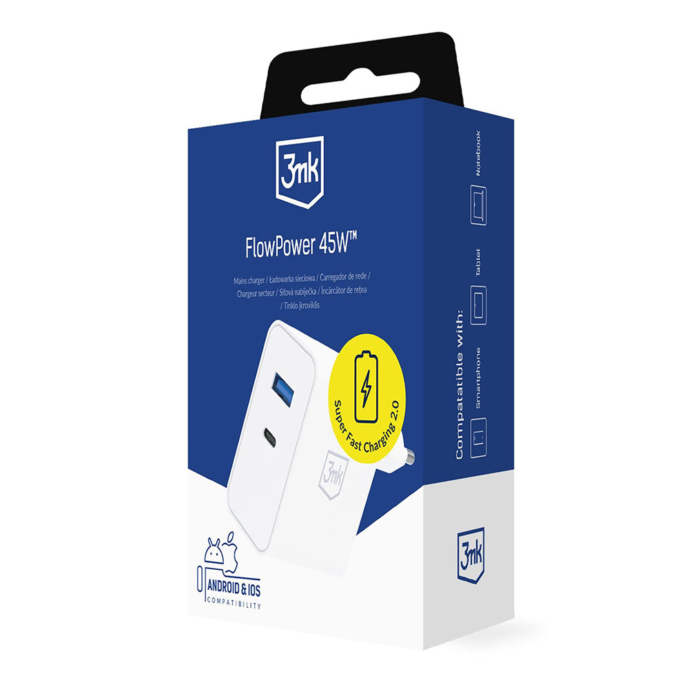 Punjač za mrežu 3MK FlowPower, 45W, 1 x USB-A - 1 x USB-C, Bela