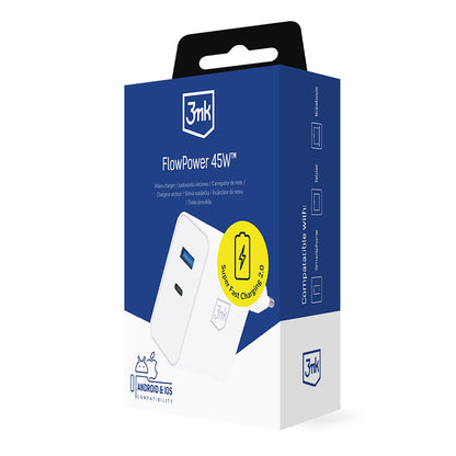 Punjač za mrežu 3MK FlowPower, 45W, 1 x USB-A - 1 x USB-C, Bela