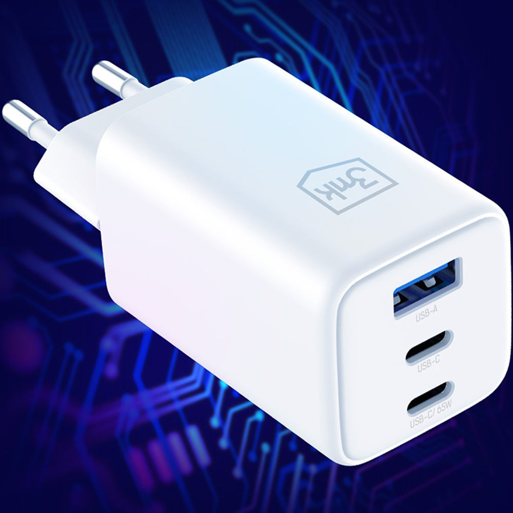 Punjač mreže 3MK Hyper, 65W, 3.25A, 1 x USB-A - 2 x USB-C, Beli