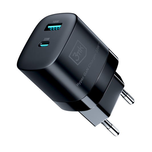 Network Charger 3MK HyperCharger GaN, 33W, 3A, 1 x USB-A - 1 x USB-C, Black 