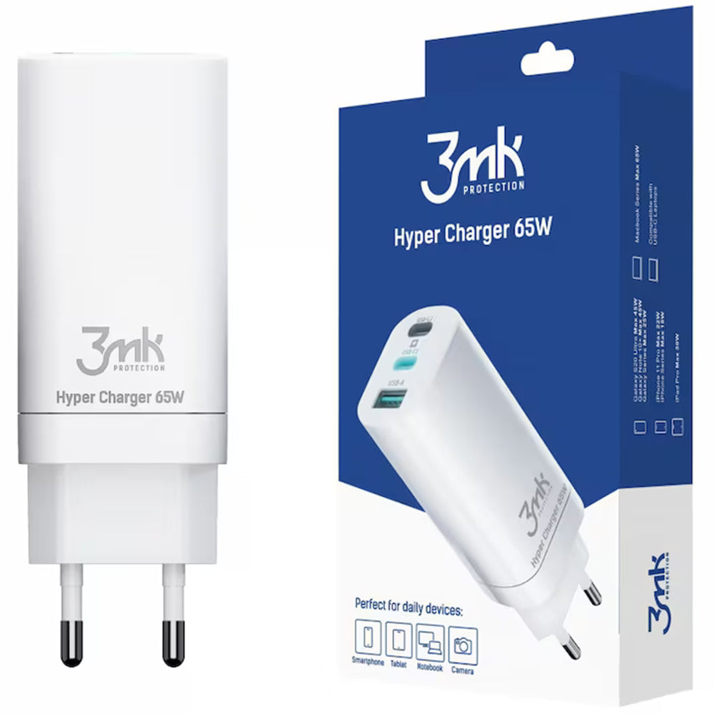 Punjač Mreže 3MK HyperCharger, 65W, 5A, 1 x USB-A - 2 x USB-C, Bela