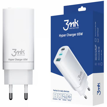 Punjač Mreže 3MK HyperCharger, 65W, 5A, 1 x USB-A - 2 x USB-C, Bela