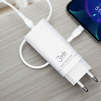 Punjač Mreže 3MK HyperCharger, 65W, 5A, 1 x USB-A - 2 x USB-C, Bela