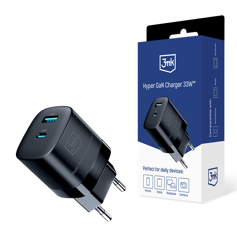 Punjač za mrežu 3MK HyperCharger GaN, 33W, 3A, 1 x USB-A - 1 x USB-C, Crni