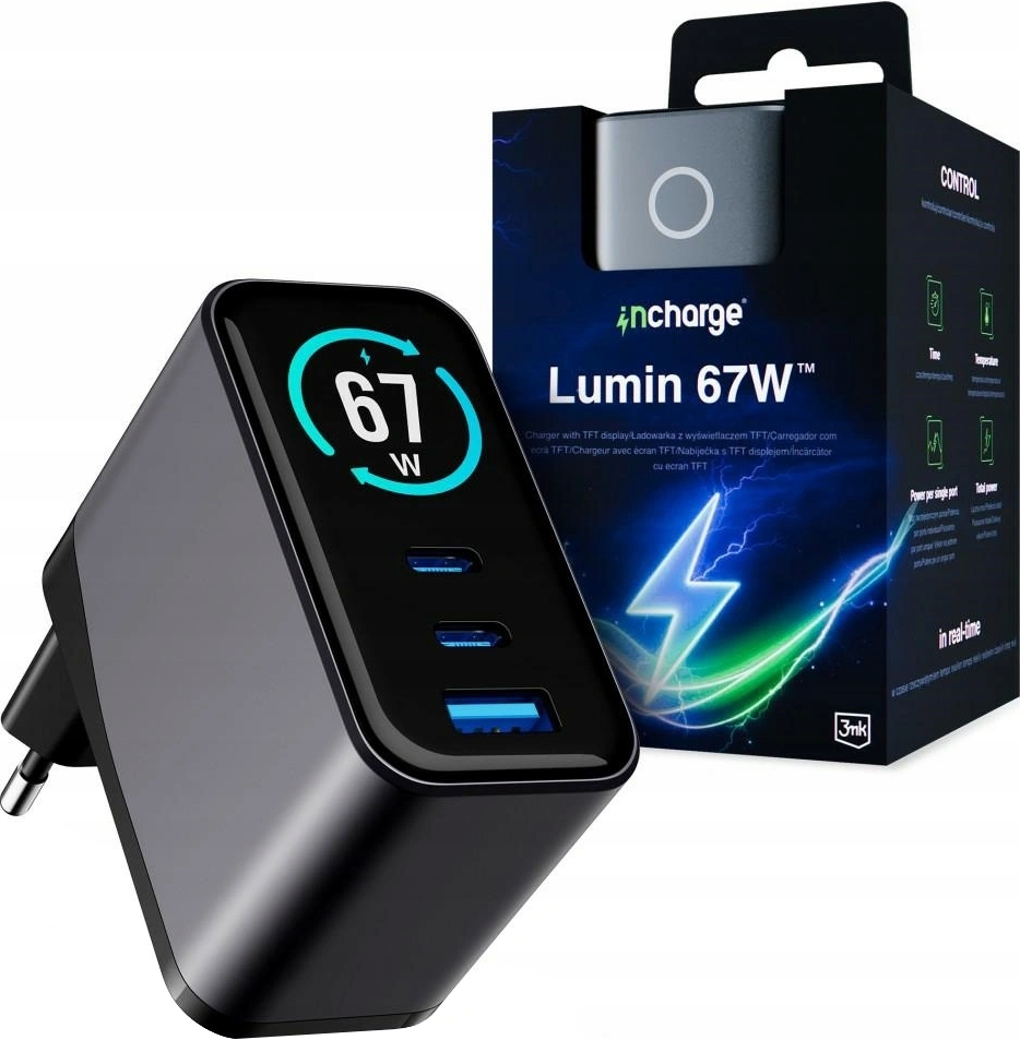 Punjač za mrežu 3MK InCharge Lumin Display, 67W, 5A, 1 x USB-A - 2 x USB-C, Crna