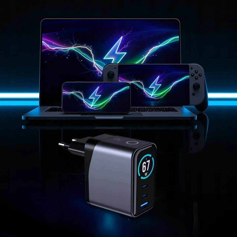 Punjač za mrežu 3MK InCharge Lumin Display, 67W, 5A, 1 x USB-A - 2 x USB-C, Crna