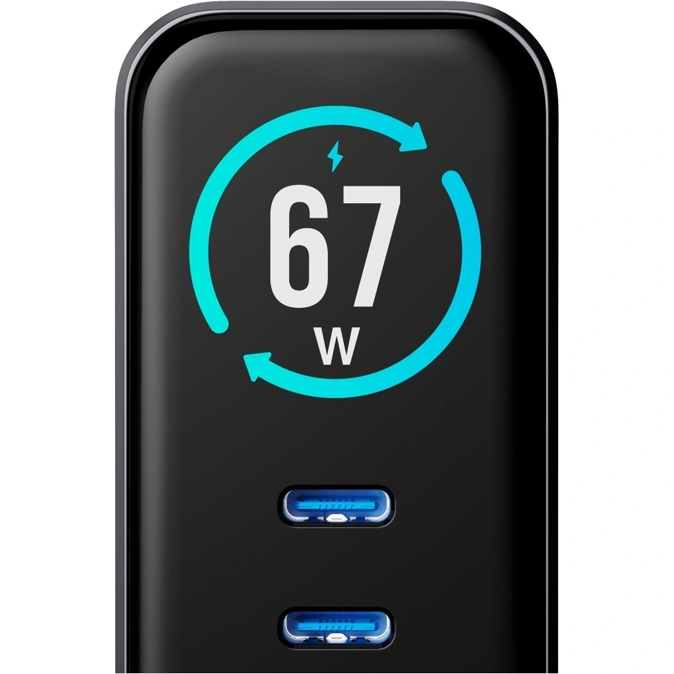 Punjač za mrežu 3MK InCharge Lumin Display, 67W, 5A, 1 x USB-A - 2 x USB-C, Crna