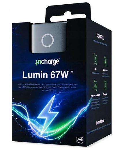 Punjač za mrežu 3MK InCharge Lumin Display, 67W, 5A, 1 x USB-A - 2 x USB-C, Crna