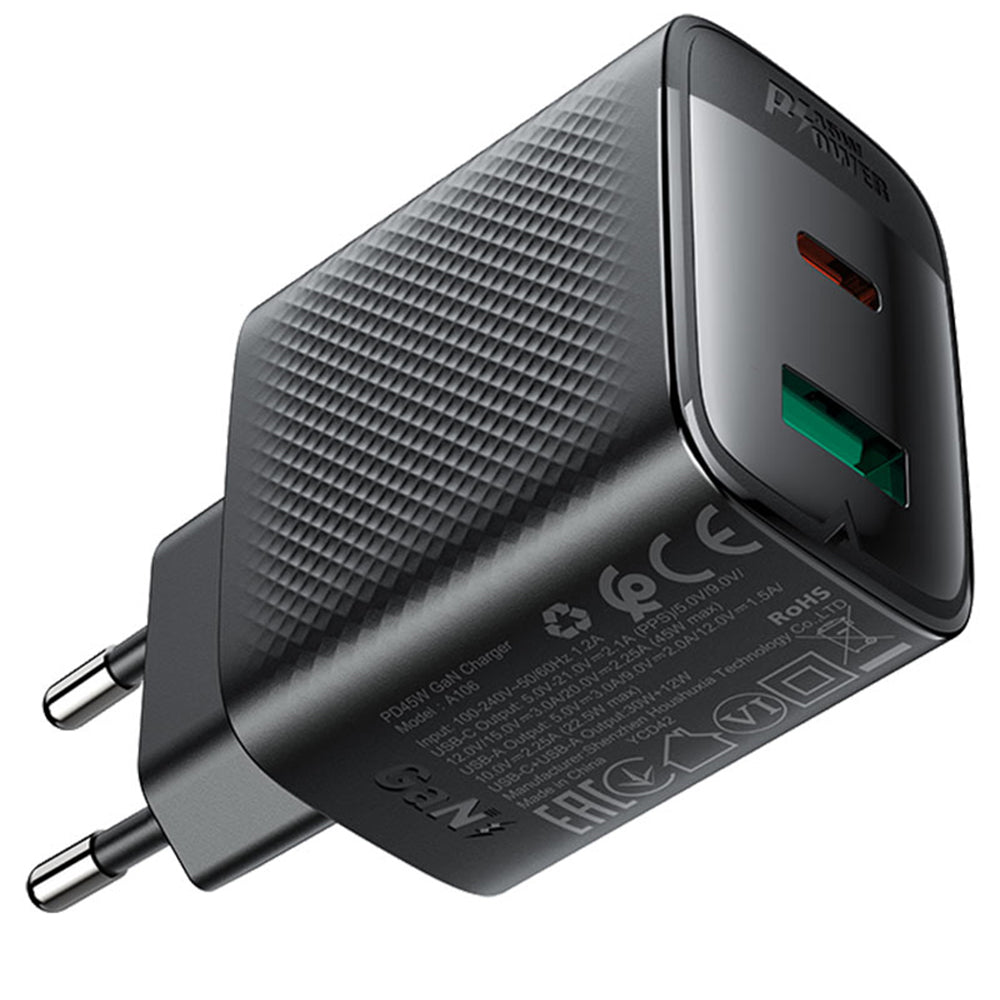 Punjač mreže Acefast A106, 45W, 3A, 1 x USB-A - 1 x USB-C, Crni