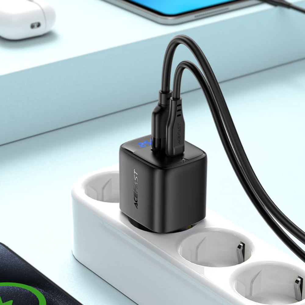 Punjač mreže Acefast A114 Display, 25W, 3A, 1 x USB-A - 1 x USB-C, Crni
