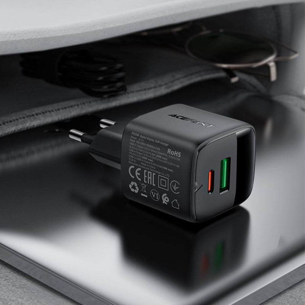 Punjač mreže Acefast A114 Display, 25W, 3A, 1 x USB-A - 1 x USB-C, Crni