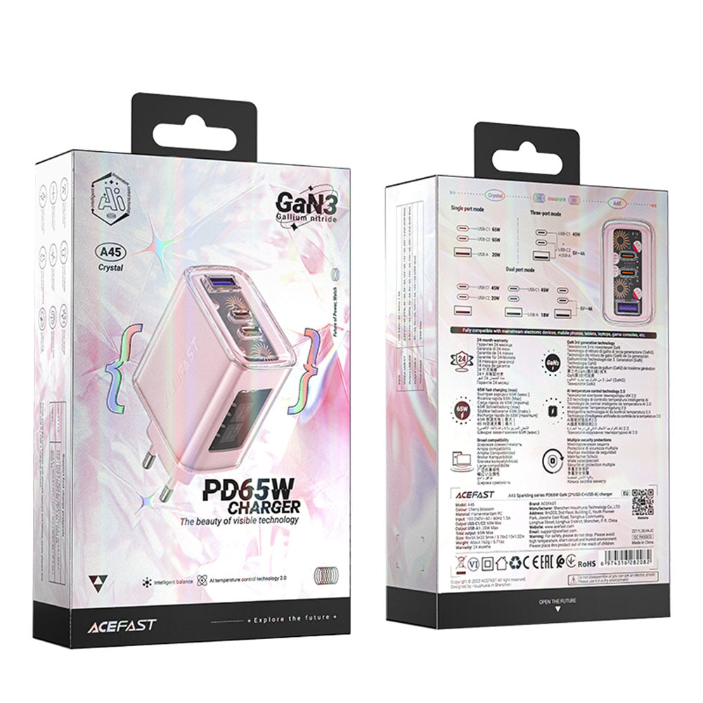 Punjač mreže Acefast A45 Exploration, 65W, 3.25A, 1 x USB-A - 2 x USB-C, Roze