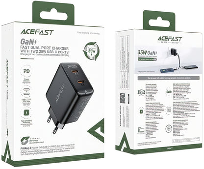 Network Charger Acefast A49, 35W, 3A, 2 x USB-C, Black 