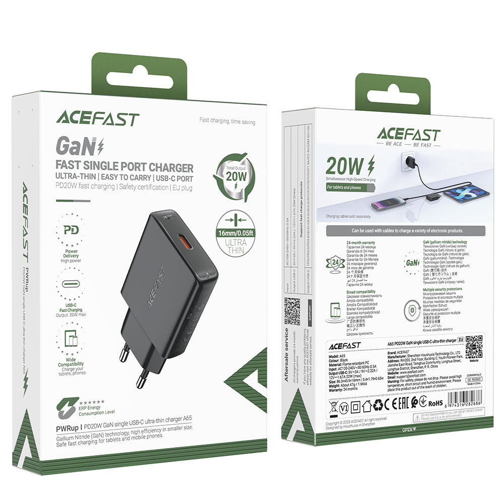Punjač mreže Acefast A65, 20W, 3A, 1 x USB-C, Crni