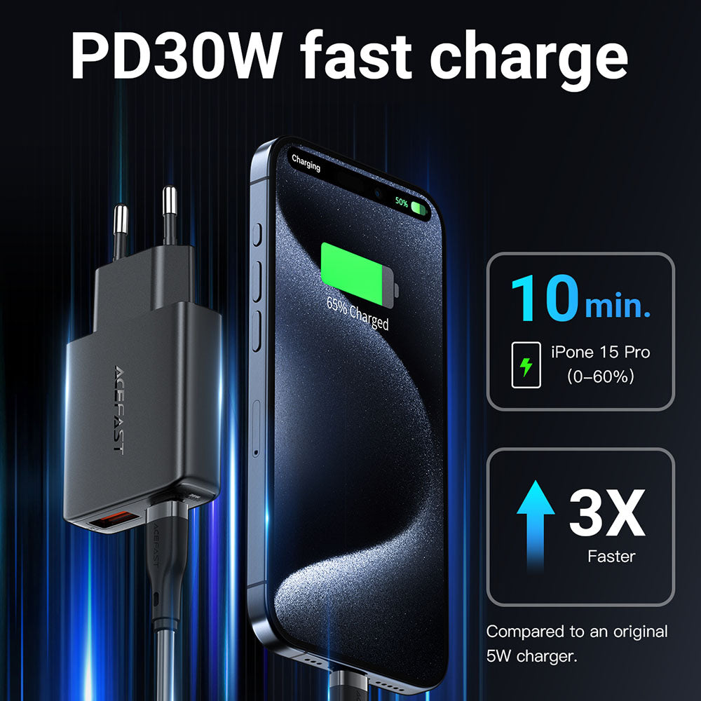 Punjač mreže Acefast A69, 30W, 3A, 1 x USB-A - 1 x USB-C, Crni