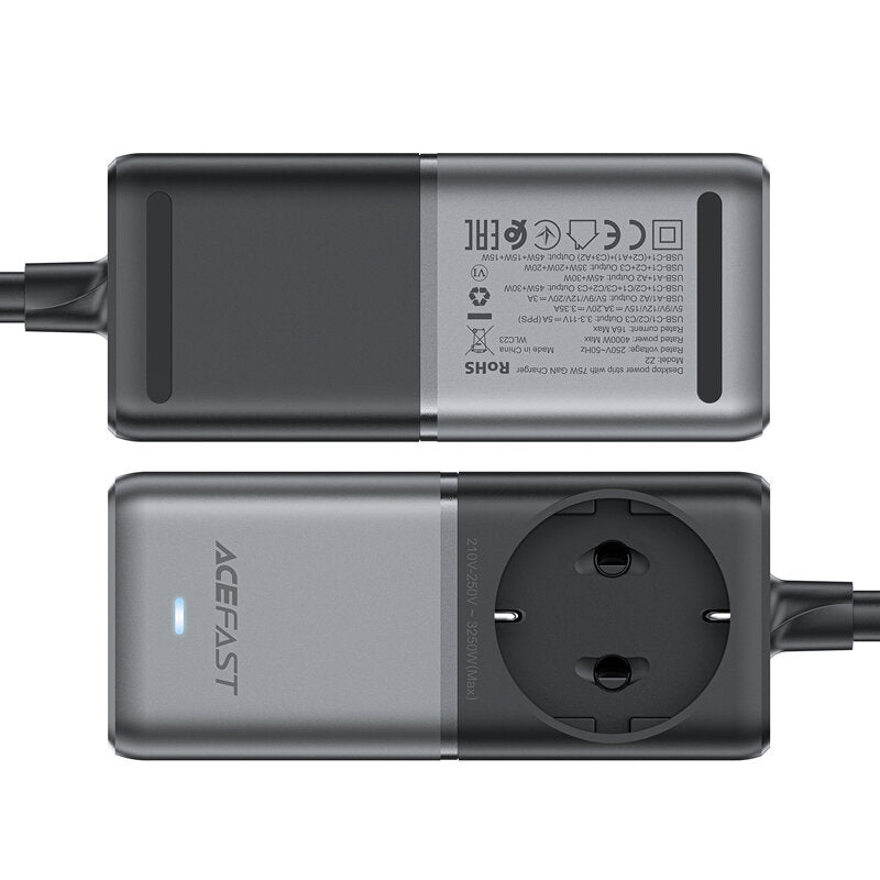 Produžni kabel Acefast Z2 GaN, 75W, 5A, 2 x USB-A - 3 x USB-C - 1 x Schuko, Sivi