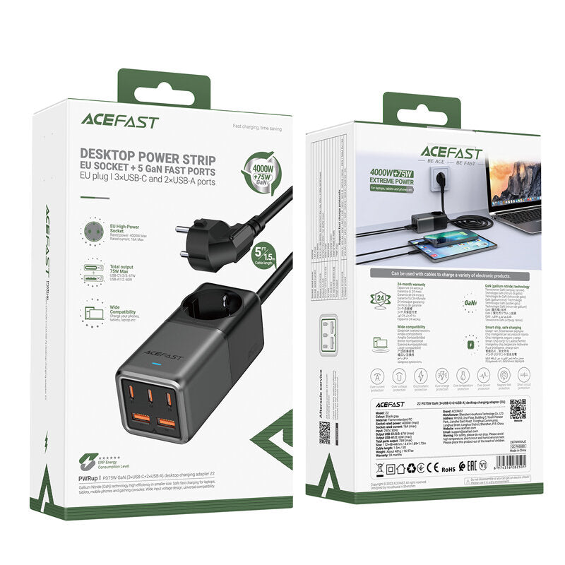 Produžni kabel Acefast Z2 GaN, 75W, 5A, 2 x USB-A - 3 x USB-C - 1 x Schuko, Sivi