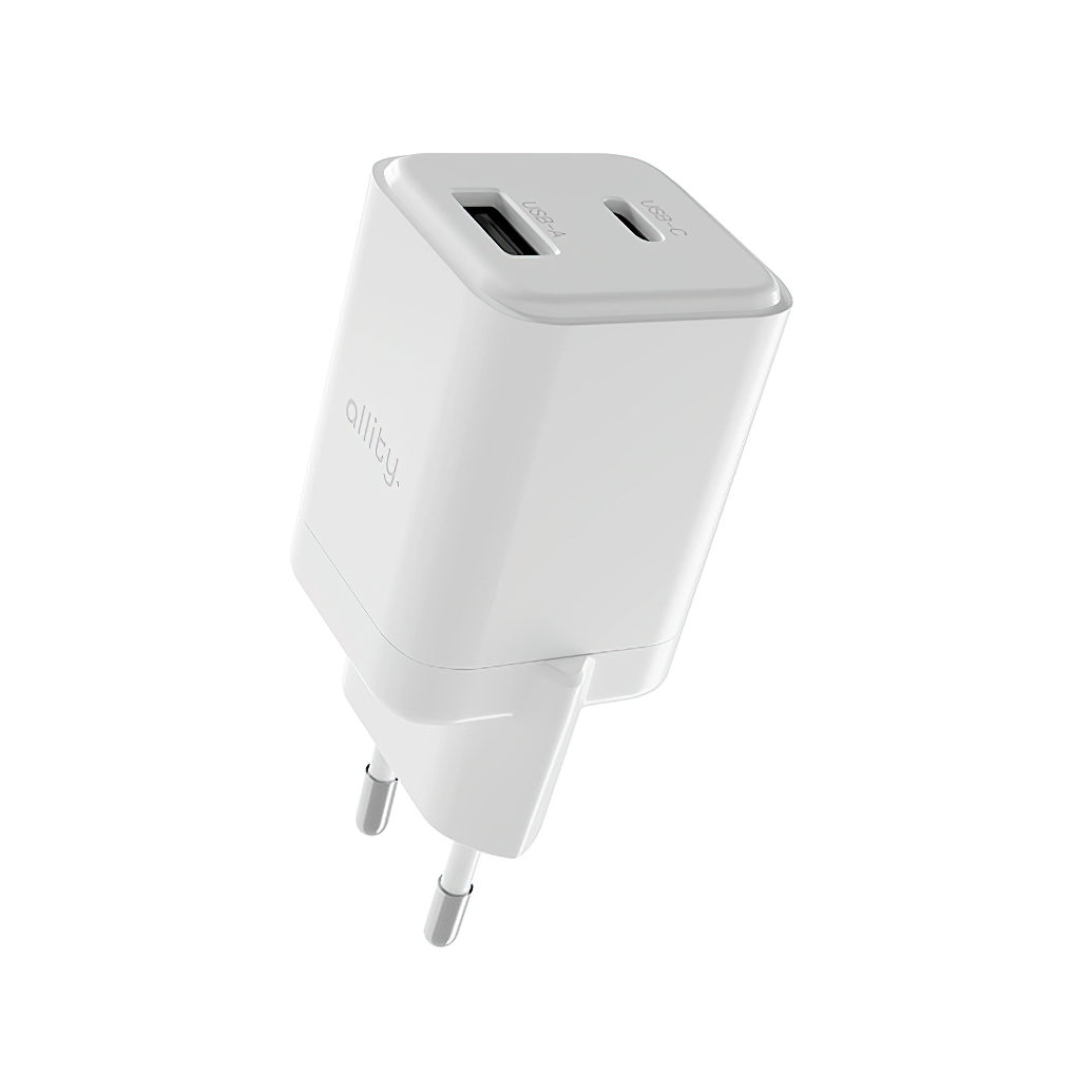 Punjač mreže Allity. ATC-01-30WAC Mini, 30W, 3A, 1 x USB-A - 1 x USB-C, Beli