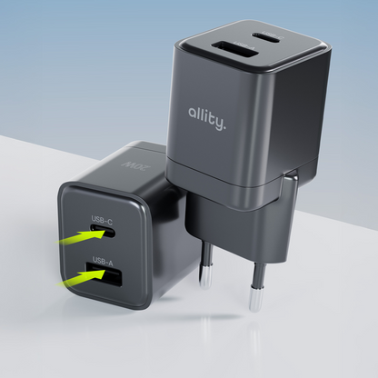 Punjač mreže Allity. ATC-01-30WAC Mini, 30W, 3A, 1 x USB-A - 1 x USB-C, Crna