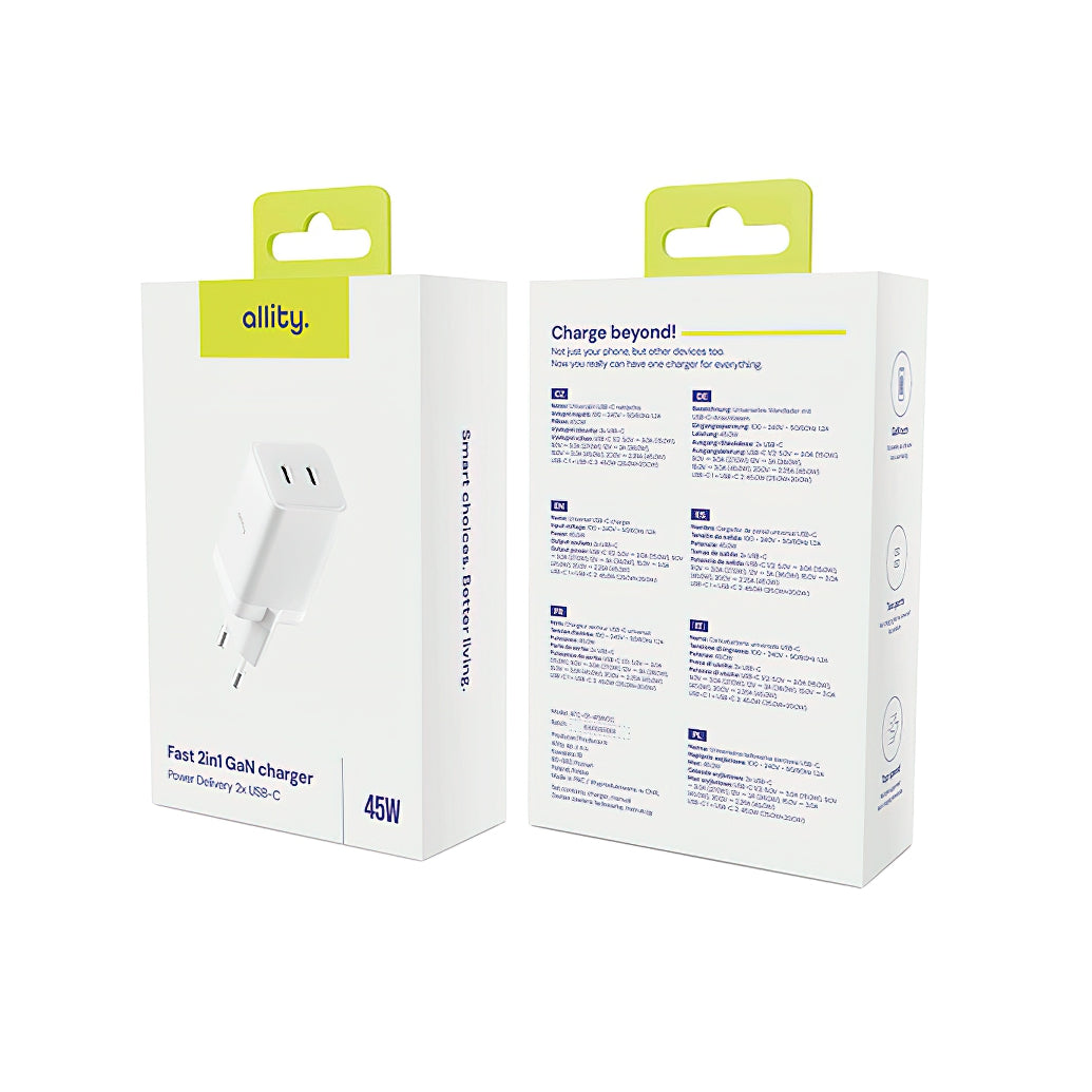 Punjač mreže Allity. ATC-01-45WCC Fast, 45W, 3A, 2 x USB-C, Beli