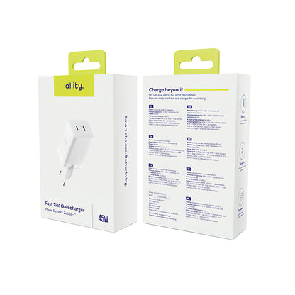 Punjač mreže Allity. ATC-01-45WCC Fast, 45W, 3A, 2 x USB-C, Beli