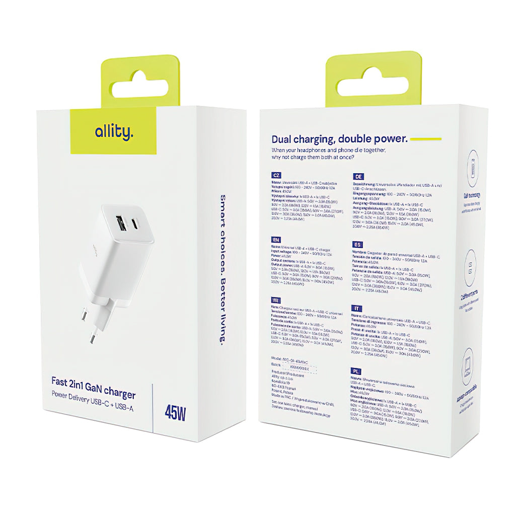 Punjač mreže Allity. ATC-01-45WCC Fast, 45W, 3A, 1 x USB-A - 1 x USB-C, Beli