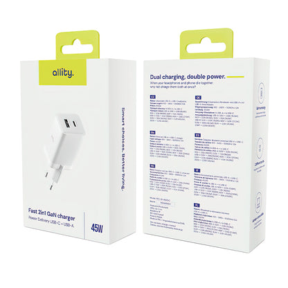 Punjač mreže Allity. ATC-01-45WCC Fast, 45W, 3A, 1 x USB-A - 1 x USB-C, Beli