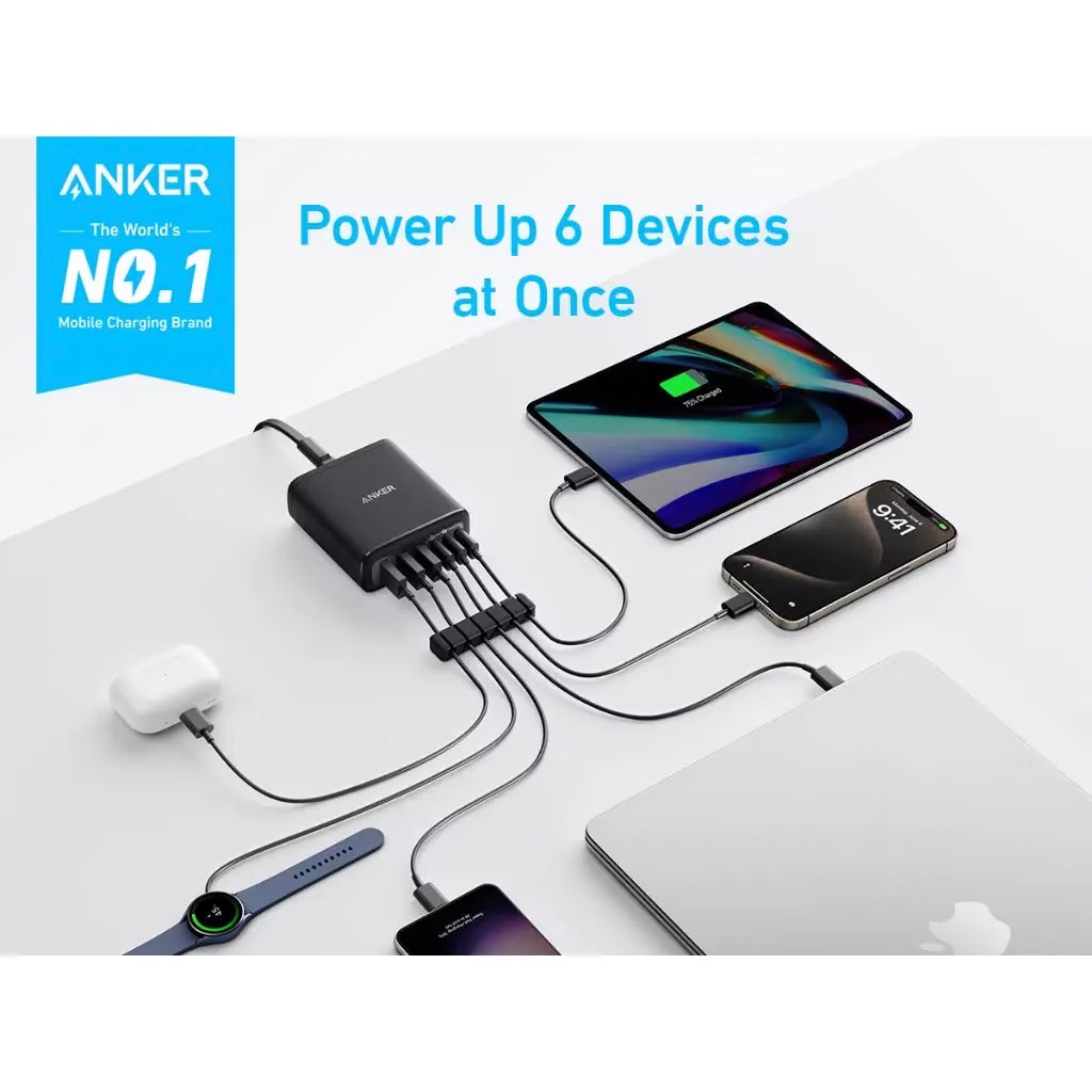 Punjač Stanica Anker, 112W, 3A, 3 x USB-A - 3 x USB-C, Crni A2154G11