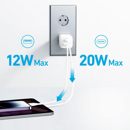 Punjač Anker 323, 33W, 3A, 1 x USB-A - 1 x USB-C, Beli A2331G21