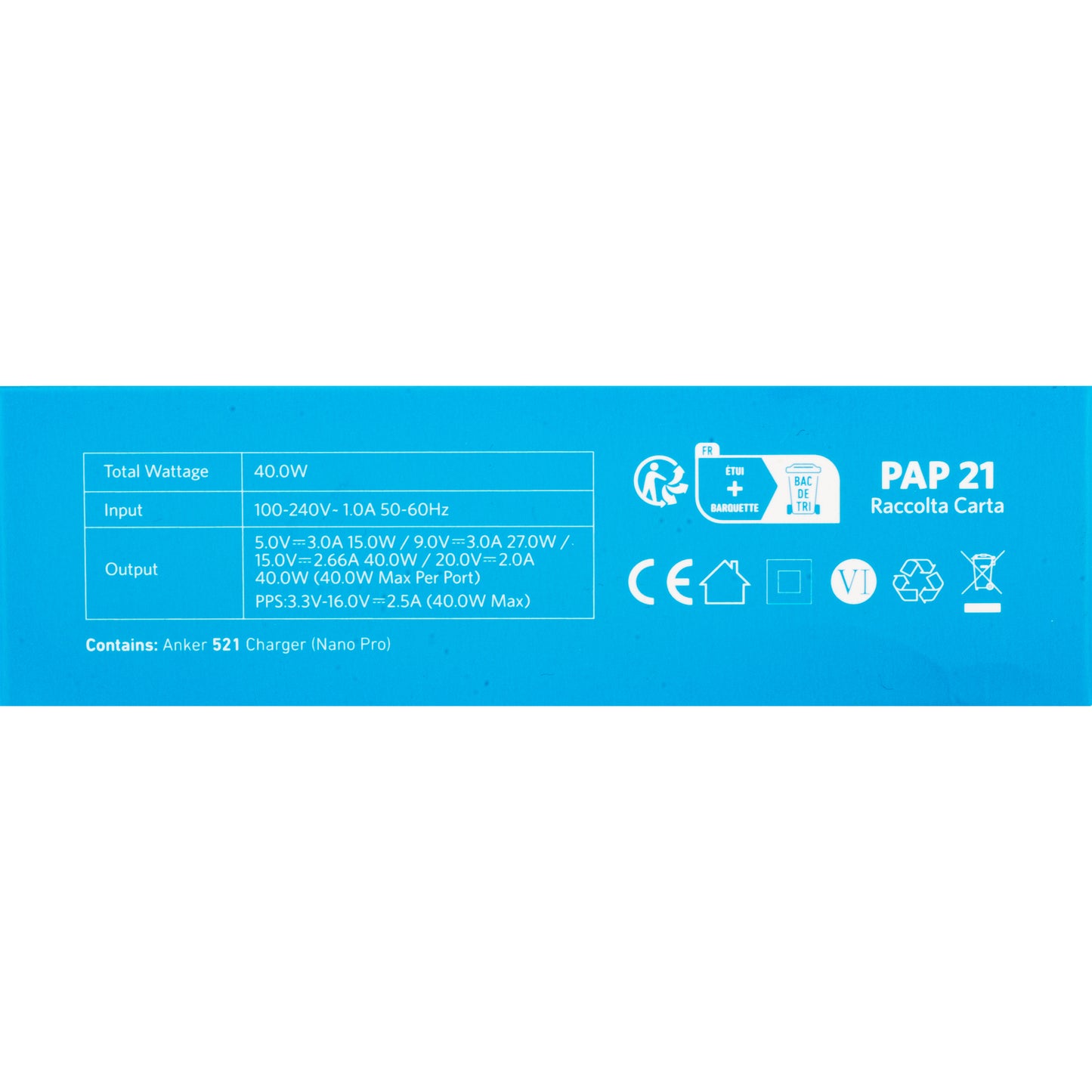 Punjač Anker 521 Nano Pro, 40W, 3A, 2 x USB-C, Beli A2038G21