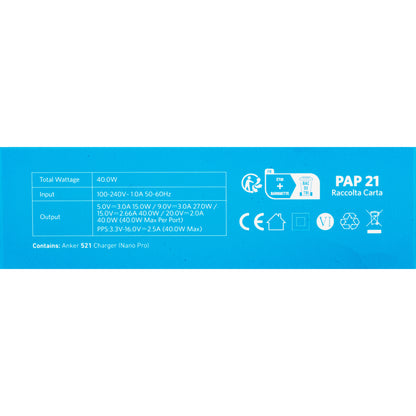 Punjač Anker 521 Nano Pro, 40W, 3A, 2 x USB-C, Beli A2038G21