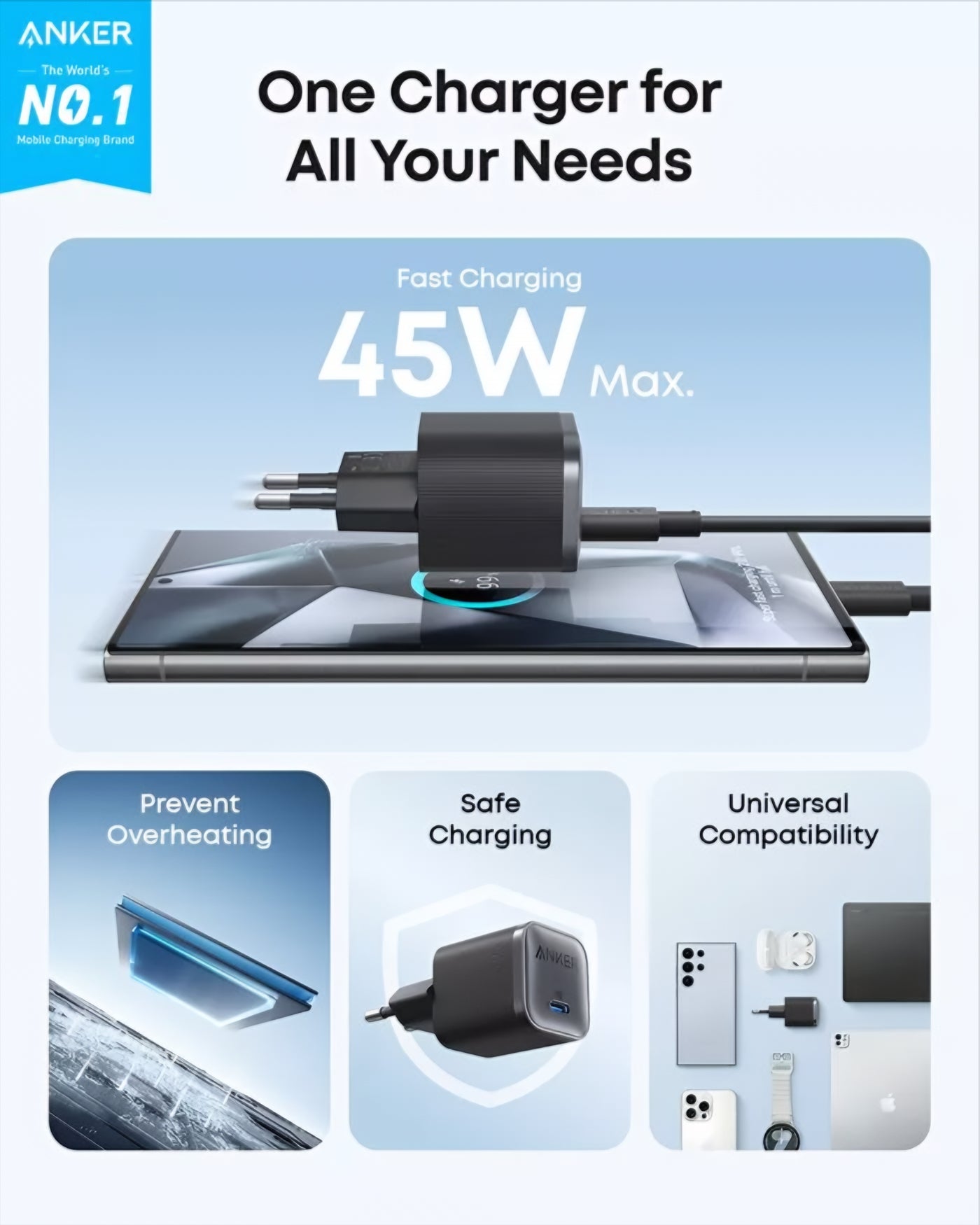 Punjač za mrežu Anker Nano, 45W, 3A, 1 x USB-C, Crni A2692L11