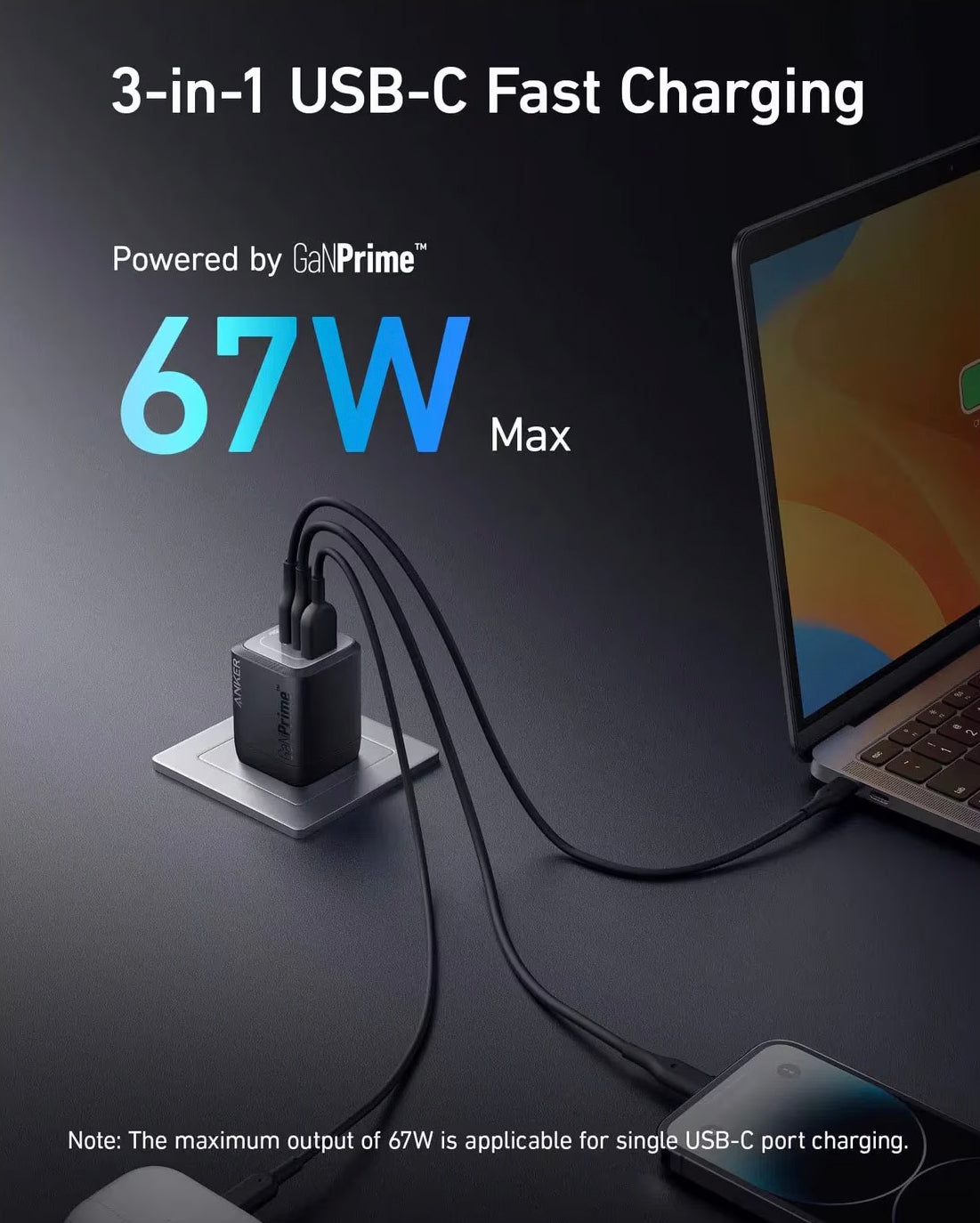 Network Charger Anker Prime, 67W, 5A, 1 x USB-A - 2 x USB-C, Black A2669313 