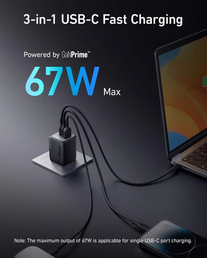 Network Charger Anker Prime, 67W, 5A, 1 x USB-A - 2 x USB-C, Black A2669313 