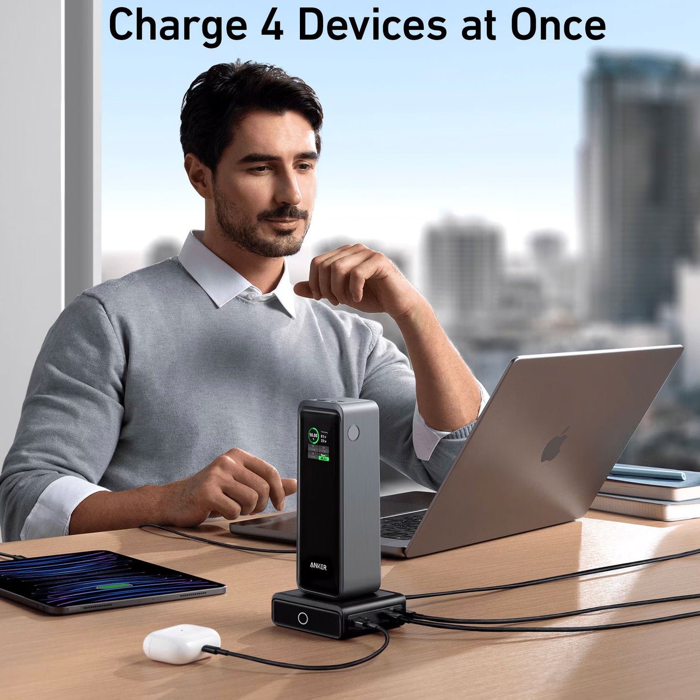 Anker Network Charger for Prime external battery, 100W, 3A, 1 x Pogo Pin - 1 x USB-C - 2 x USB-A, Black A190902311 