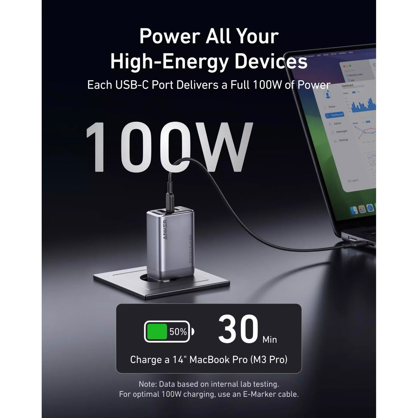 Punjač Anker Prime za mrežu, 100W, 3A, 1 x USB-A - 2 x USB-C, Sivi A2688341