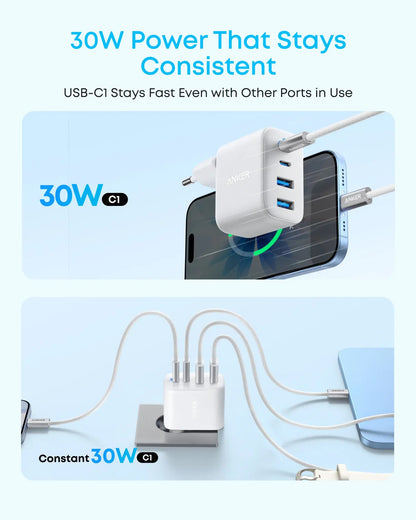 Punjač za mrežu Anker Zolo, 50W, 3A, 2 x USB-A - 2 x USB-C, Bela