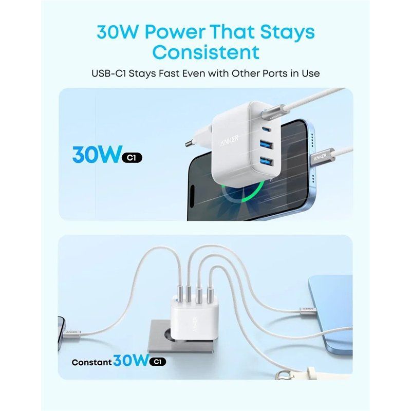 Punjač za mrežu Anker Zolo, 50W, 3A, 2 x USB-A - 2 x USB-C, Bela A121EG21