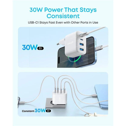 Punjač za mrežu Anker Zolo, 50W, 3A, 2 x USB-A - 2 x USB-C, Bela A121EG21