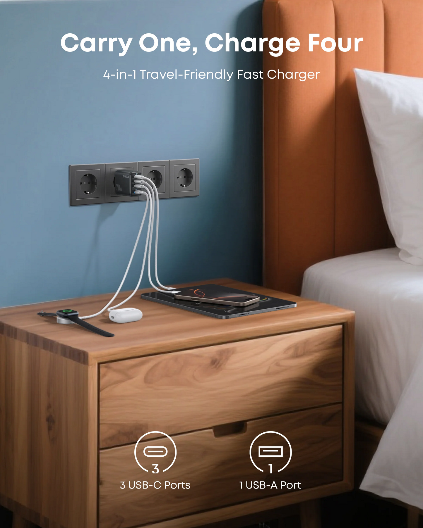 Punjač za mrežu Anker Zolo, 70W, 1 x USB-A - 3 x USB-C, Crni A121CG11