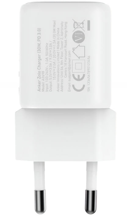 Punjač Mreža Anker Zolo, 30W, 3A, 1 x USB-C, Beli A2698G21