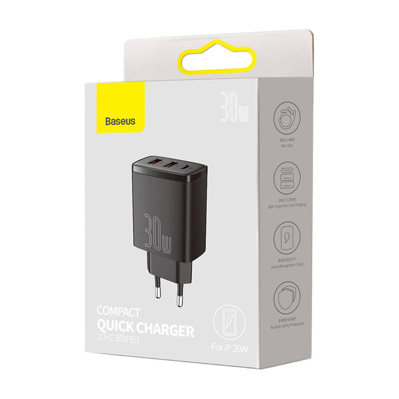 Punjač za mrežu Baseus Compact, 30W, 3A, 1 x USB-C - 2 x USB-A, Crni CCXJ-E01