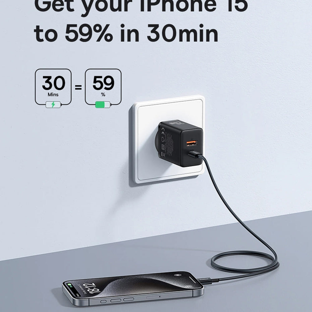 Punjač mreže Baseus Cube, 20W, 3A, 1 x USB-A - 1 x USB-C, Beli P10111403213-00