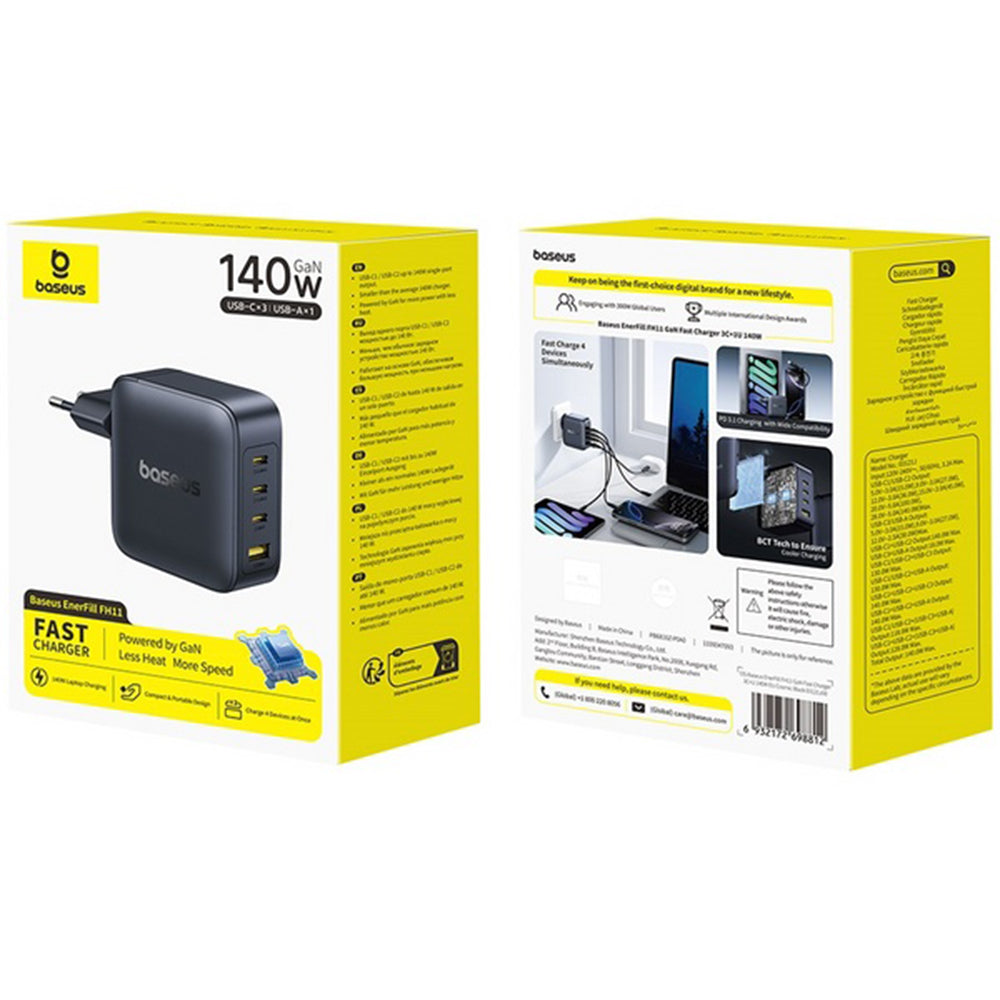 Punjač mreže Baseus EnerFill FH11, 140W, 5A, 1 x USB-A - 3 x USB-C, Crni E0121J00
