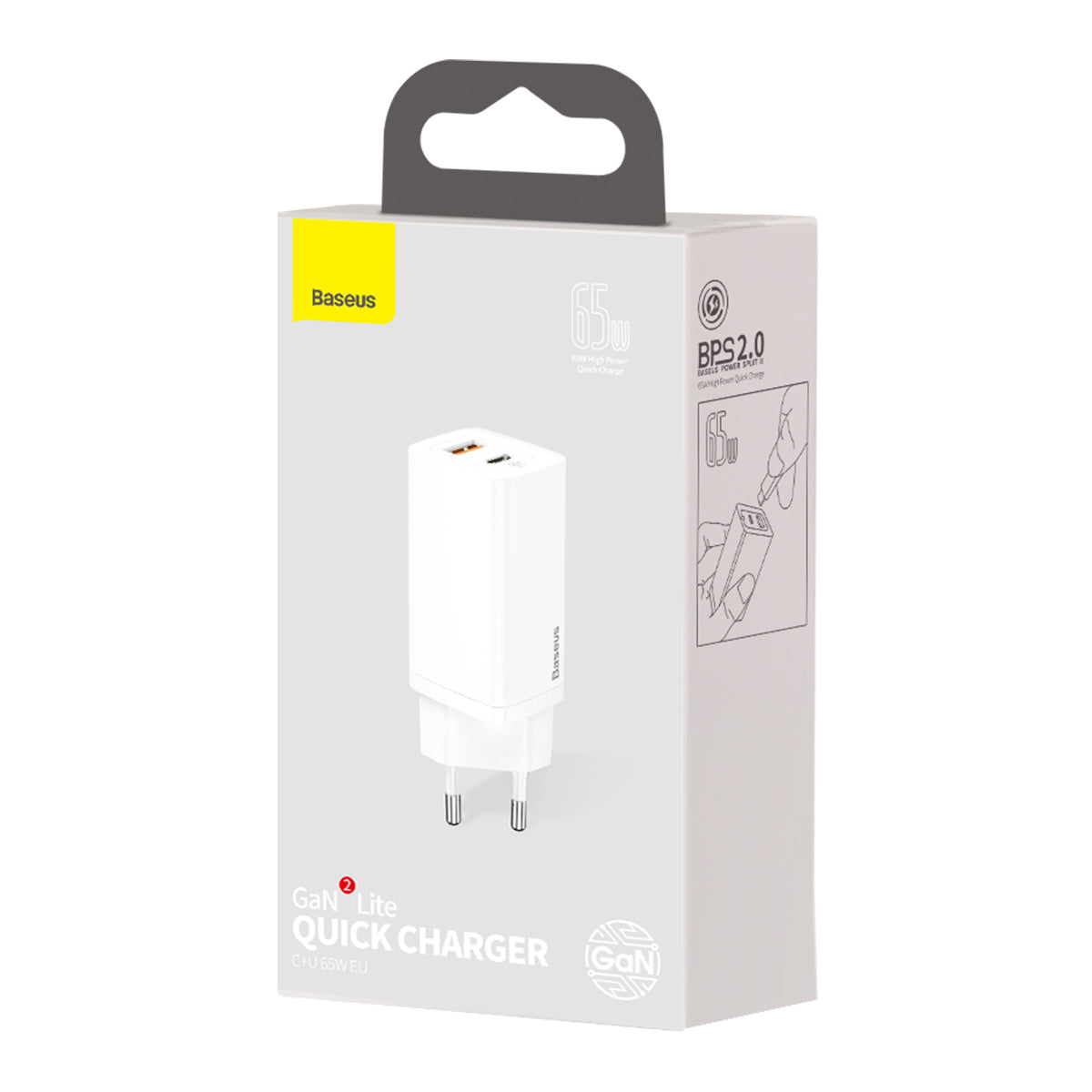 Punjač za mrežu Baseus GaN2 Lite, 65W, 3A, 1 x USB-A - 1 x USB-C, Bijeli CCGAN2L-B02