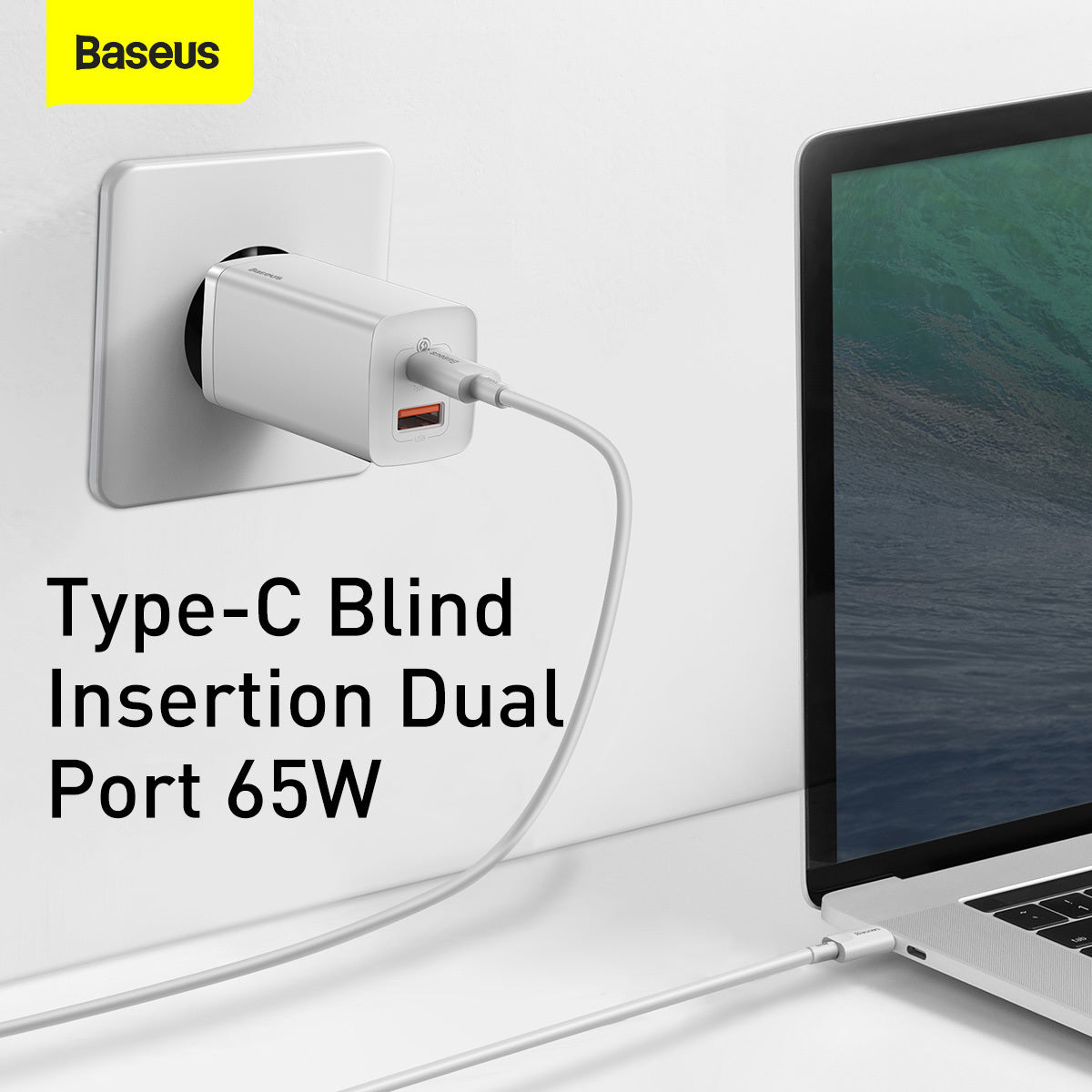 Punjač za mrežu Baseus GaN2 Lite, 65W, 3A, 1 x USB-A - 1 x USB-C, Bijeli CCGAN2L-B02