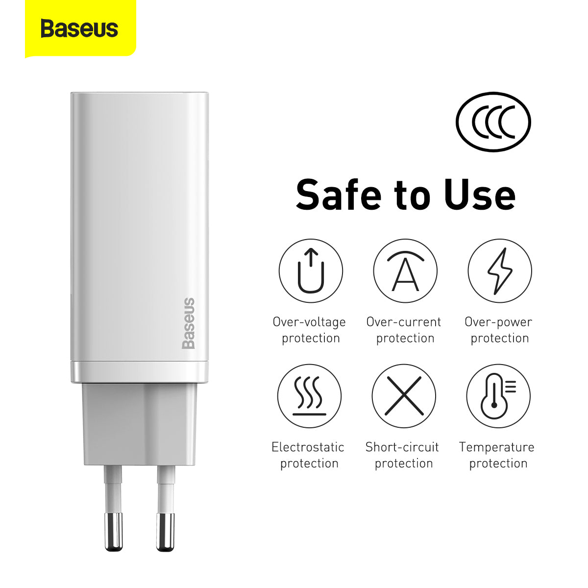 Punjač za mrežu Baseus GaN2 Lite, 65W, 3A, 1 x USB-A - 1 x USB-C, Bijeli CCGAN2L-B02