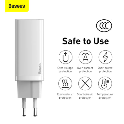 Punjač za mrežu Baseus GaN2 Lite, 65W, 3A, 1 x USB-A - 1 x USB-C, Bijeli CCGAN2L-B02