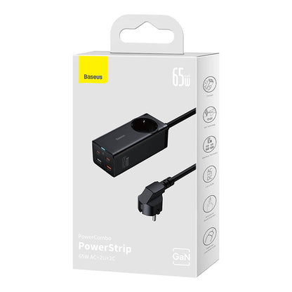 Produžni kabel Baseus GaN3 Pro PowerStrip, 65W, 3A, 2 x USB-A - 2 x USB-C - 1 x Schuko, Crni PSZM000901