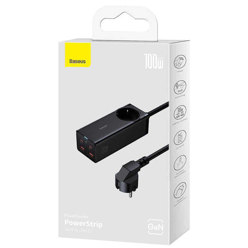 Network Charger Baseus GaN3 Pro PowerStrip, 100W, 5A,2 x USB-A - 2 x USB-C - 1 x Schuko, Black PSZM000401 PSZM000401 